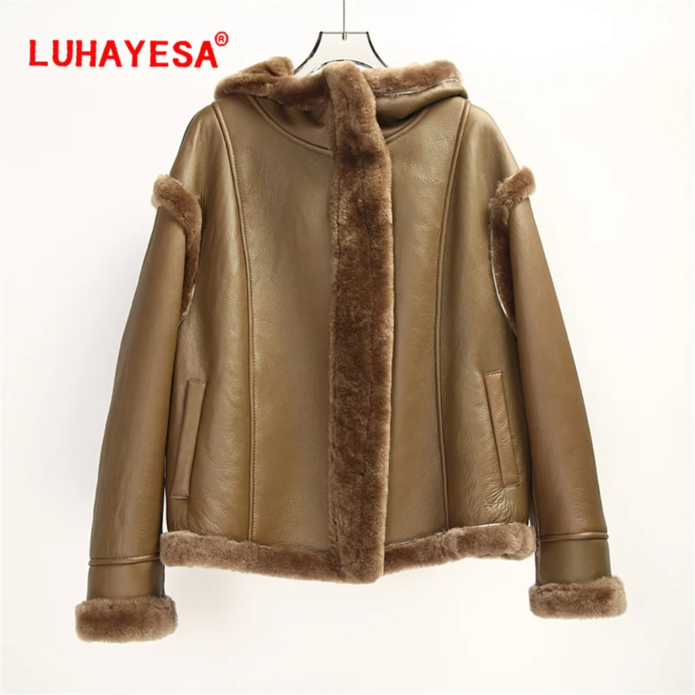 2024 Australia Merino Lamb Shearling Fur Coat Luhayesa Women Hooded Brown Genuine Leather Fur Jackets