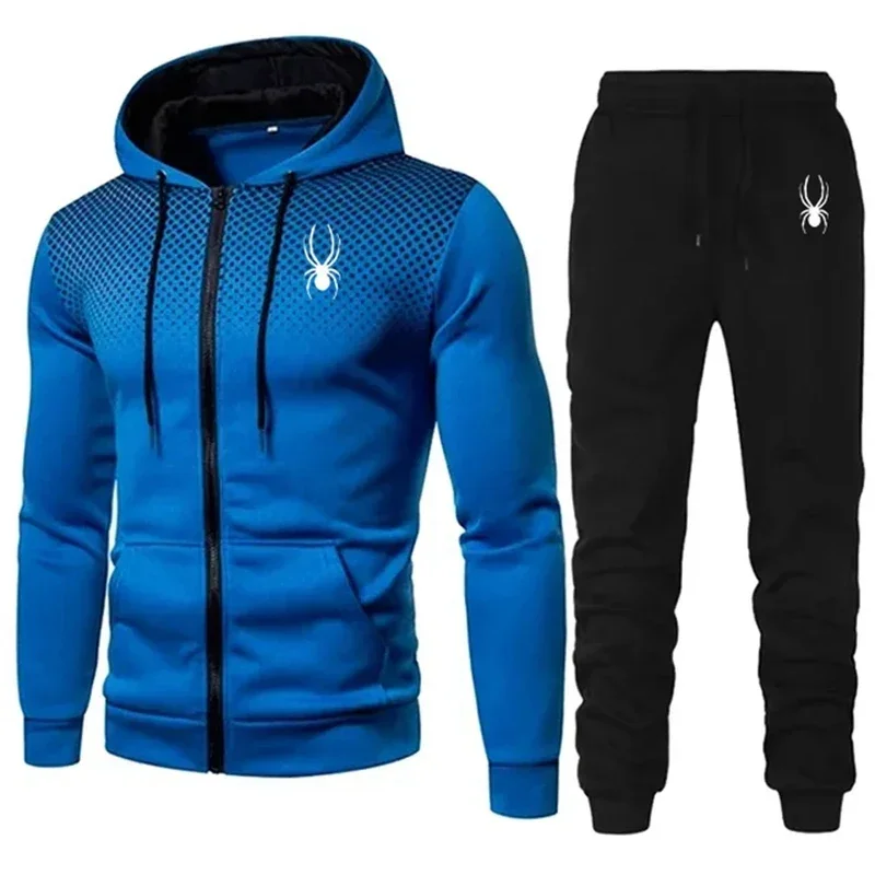 Spring and autumn new men's sports jacket set with hood printed zipper jacket + sweatpants 2-piece men's sports jogging set