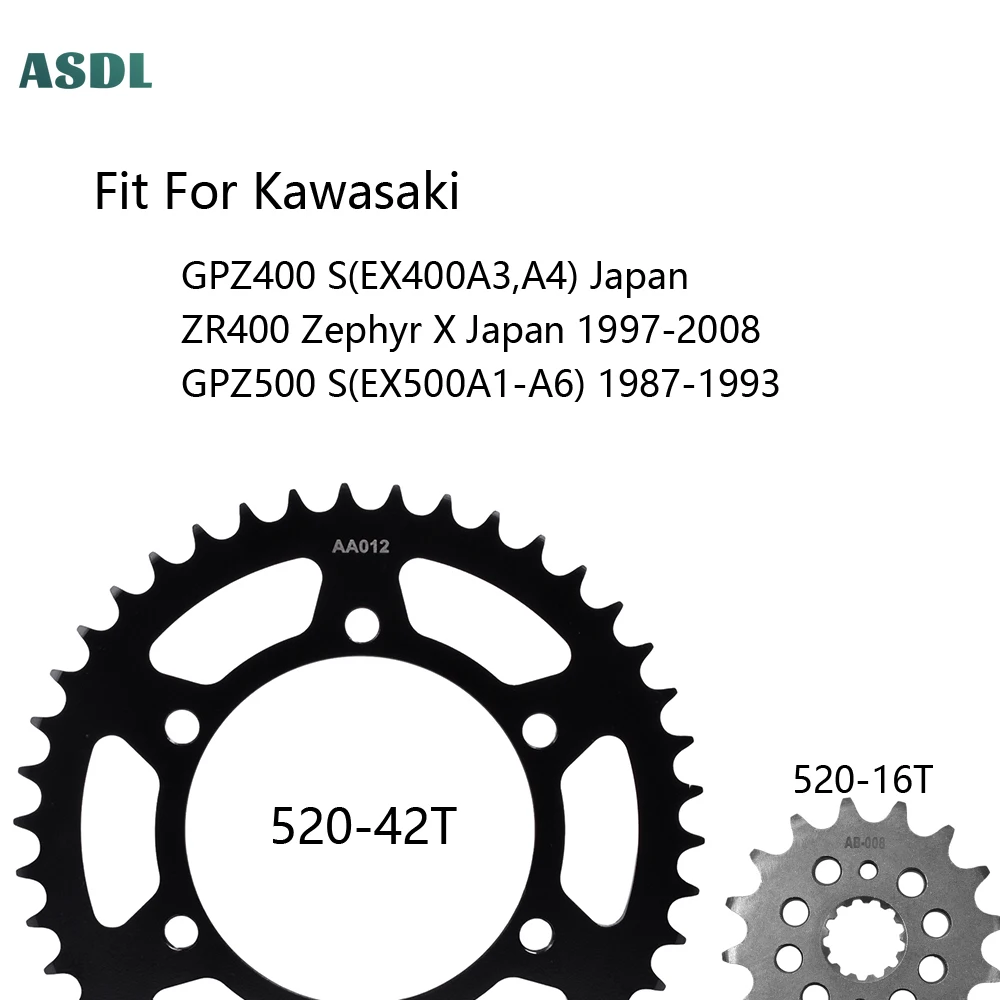 

520 42T 16T Front and Rear Sprocket For Kawasaki GPZ400 S EX400 A3 A4 Japan ZR400 Zephyr X Japan 97-08 GPZ500 S EX500A1-A6 87-93