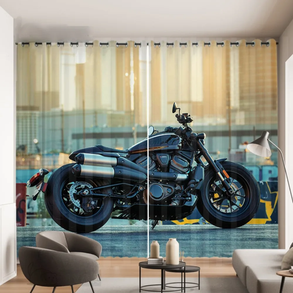 Motocicleta clube impresso cortinas para meninos, decorativo ilhó top, estilo industrial, quarto e sala de estar, 2 painéis