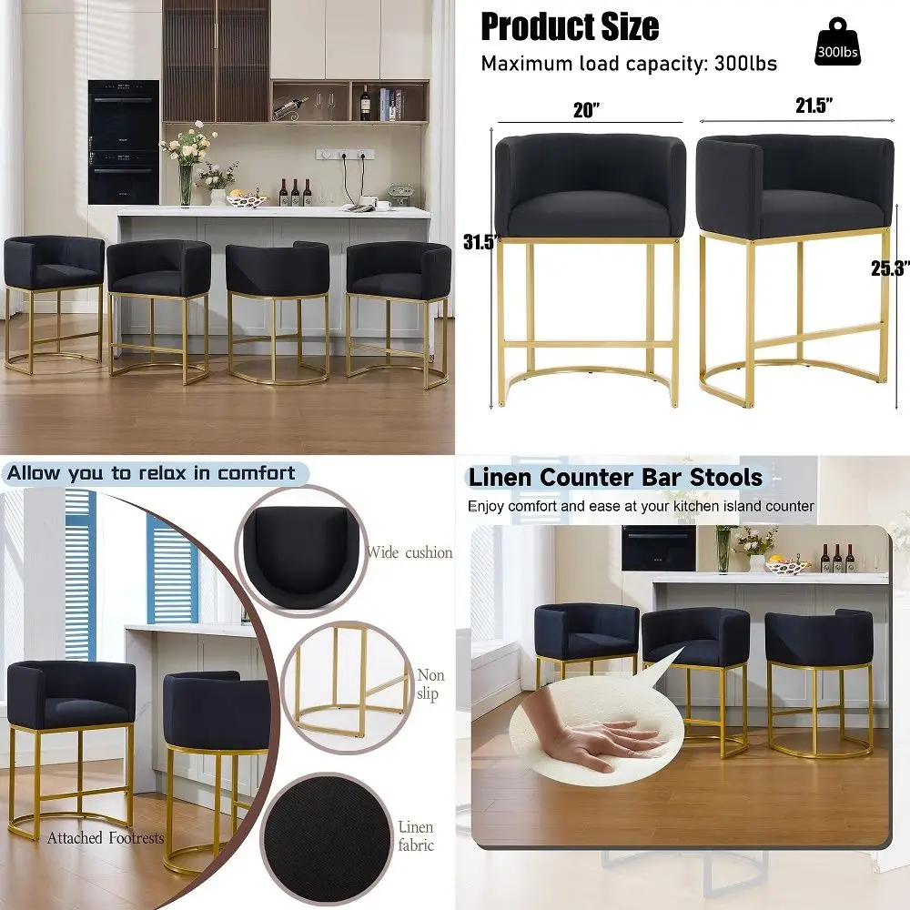 

Gold Bar Stools Set of 4, 25 H Modern Counter Height Bar Stools with Backrest, Linen Fabric Upholstered Bar Stool for Kitchen I