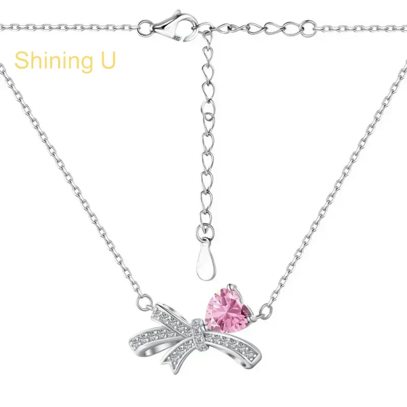 

Shining U S925 Silver Pink Blue Bowknot Heart Jewelry Set Necklace Earrings for Women Fine Jewelry Anniversary