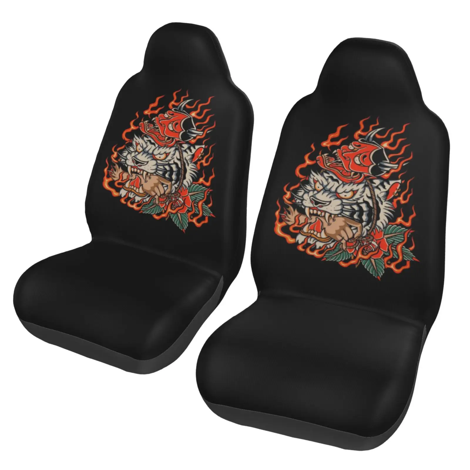 Japanese Tiger Oni Mask Car Seat Cover Anti-Spatter Protection Kit - 2 Sets of Seat Protection Covers