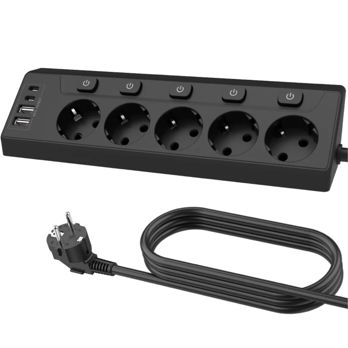 

European Standard USB Socket Independent Switch Household Socket Plug Board Cable 5 Holes High Power European Angle Plug