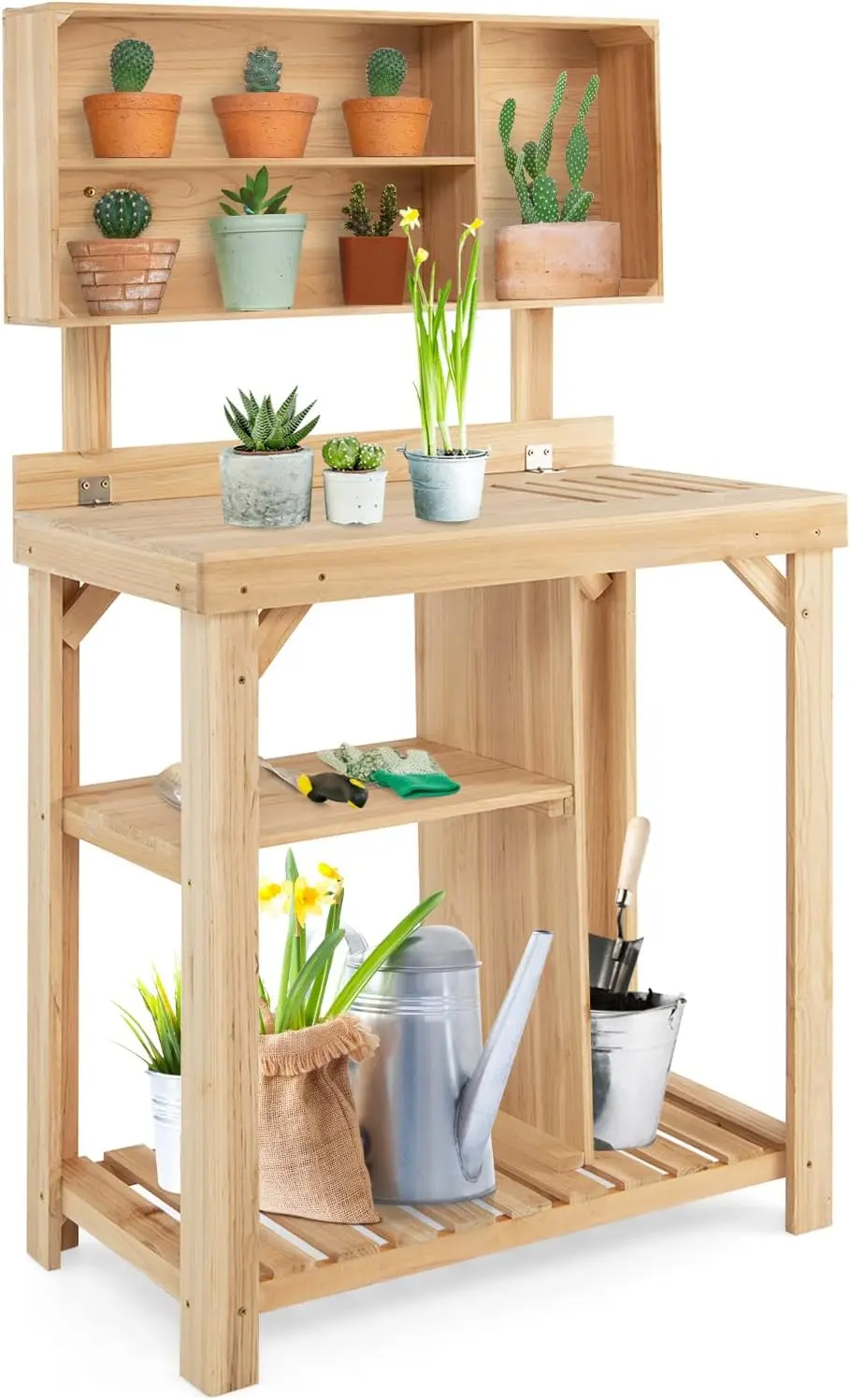 

Comfort Corner Garden Potting Bench, Wood Potting Station w/Bottom Shelves & Top Compartments, Garden Workstation