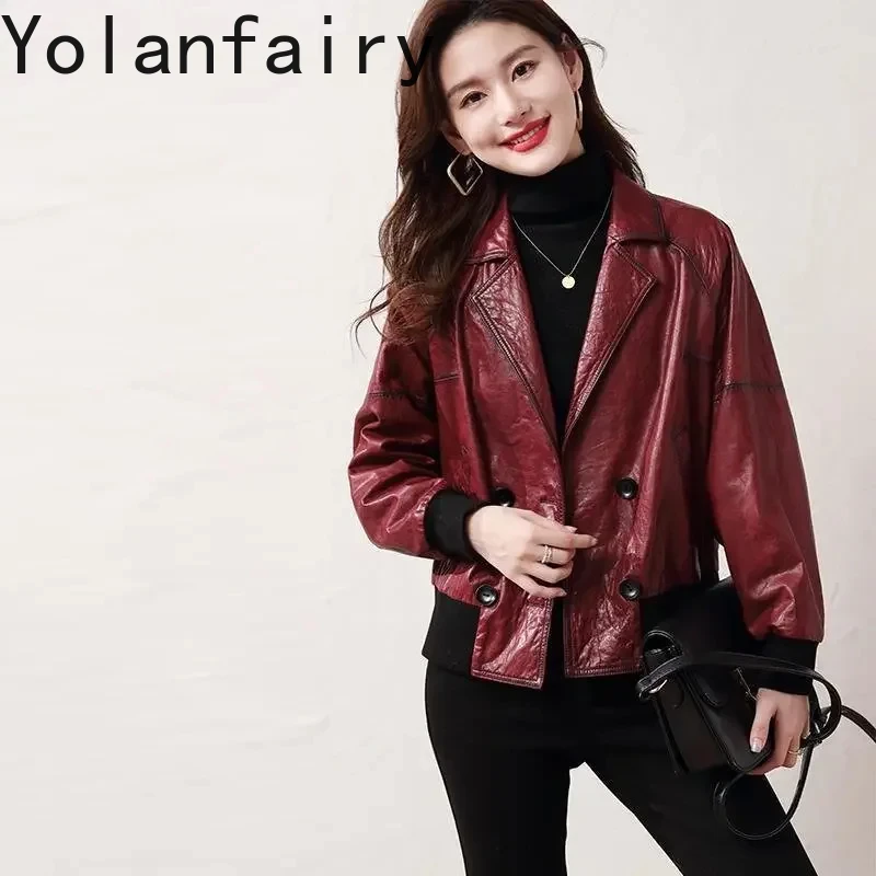 Genuine Cow Leather Jacket Women 2024 Vintage Leather Jackets Woman Real Cowhide Leather Coat Vintage Baseball Coats Outwears