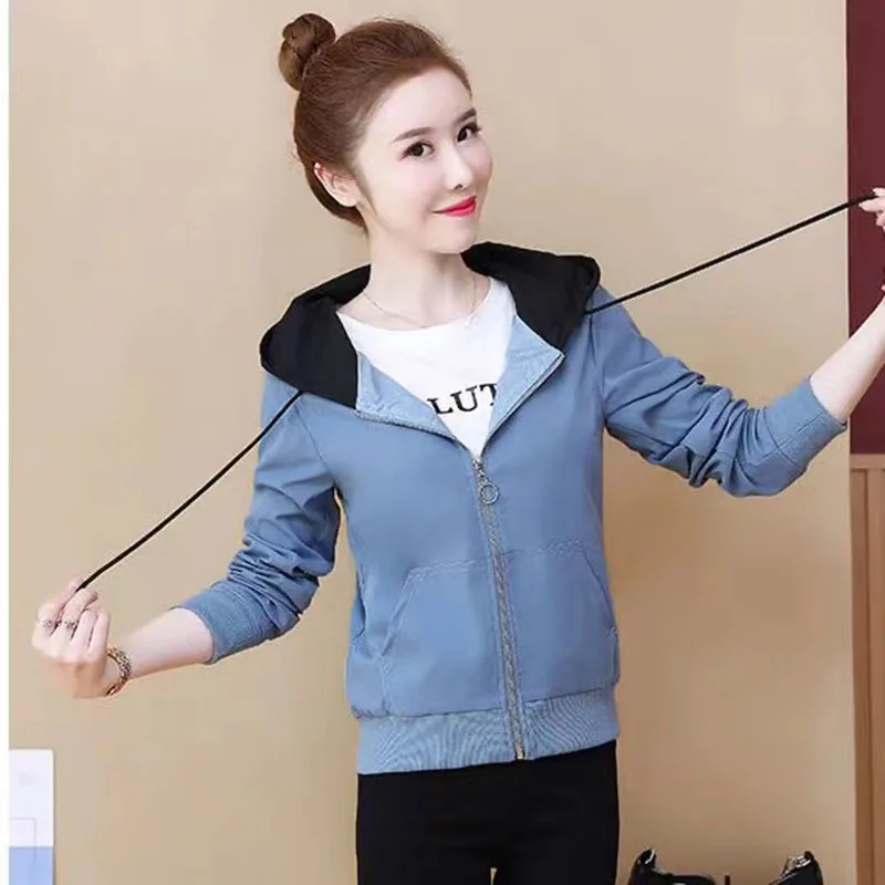 New Short Jacket 2024 Spring And Autumn Ladies Korean Embroidery Loose Joker Splicing Hooded Student Thin Jacket Outerwear Tops