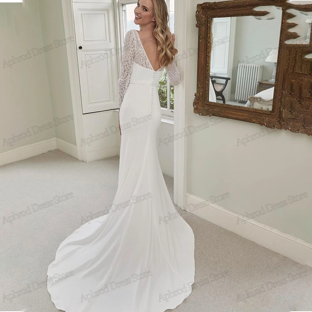 Graceful Wedding Dresses Satin Bridal Gowns Lace Appliques Full Sleeves Sheath Mermaid Floor Length Elegant Vestidos De Novia