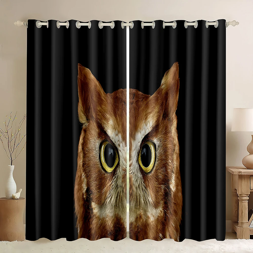 Owls WindowCurtains ,Colorful Owls Doodle Style Green Background,Eagle Owl in The Forest Flying Owl Wildlife Blackout Curtains