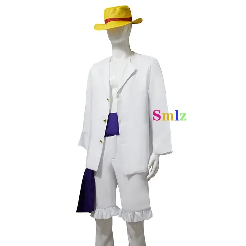 Disfraz de anime de Luffy para adultos y niños, conjunto completo de camisa blanca, pantalones, pelucas de banda, blanco, gear 5