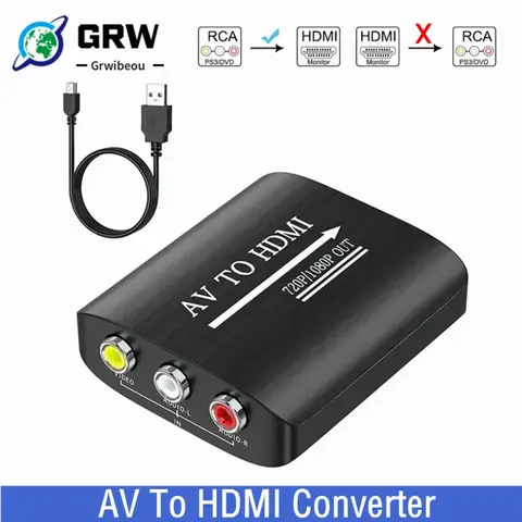 Grwibeou RCA-HDMI 호환 변환기 상자 HD 720P/1080P AV-HDMI 호환 어댑터(프로젝터 셋톱 박스 DVD-HDTV용)