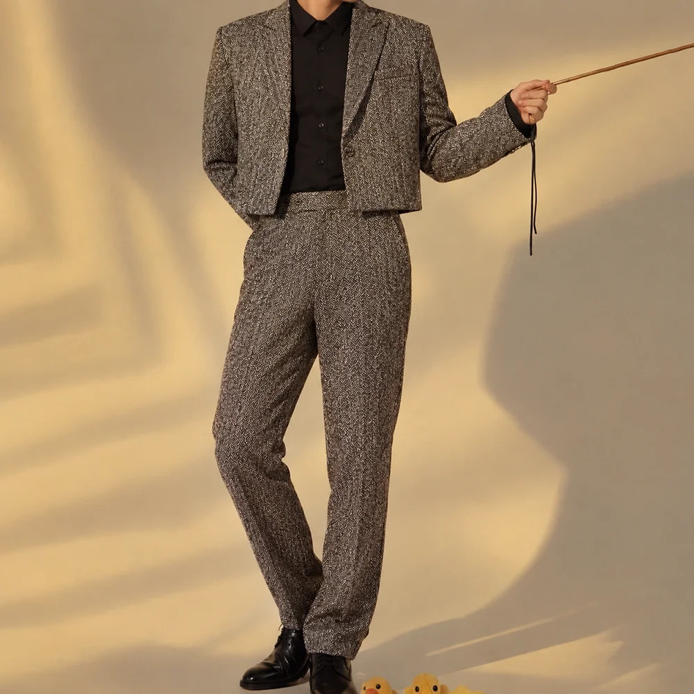 Luxury Men Mini Herringbone Bouclé Tweed Suit 2Pieces Casual Cropped Blazer Straight Pants Set Fashion Evening Party Male Outfit
