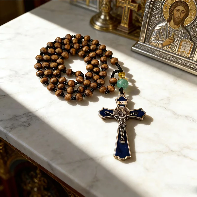New Catholic Rosary Beads Brown Wooden Chotki With Blue Enamel St Benedict Crucifix And Green Jade Bead For Spiritual Practice