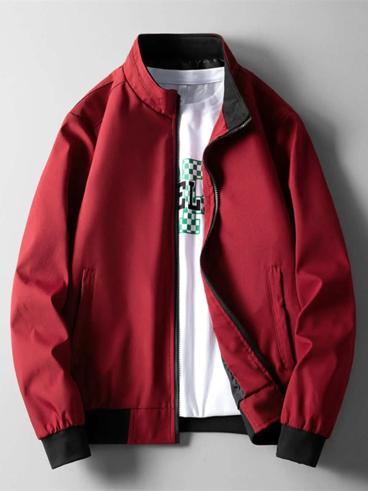 

Autumn Winter Thin Stand Collar Jaet Men's Youth Slim Fit Casual Hatl Workwear Top Spring Pure Color Outerwear Men