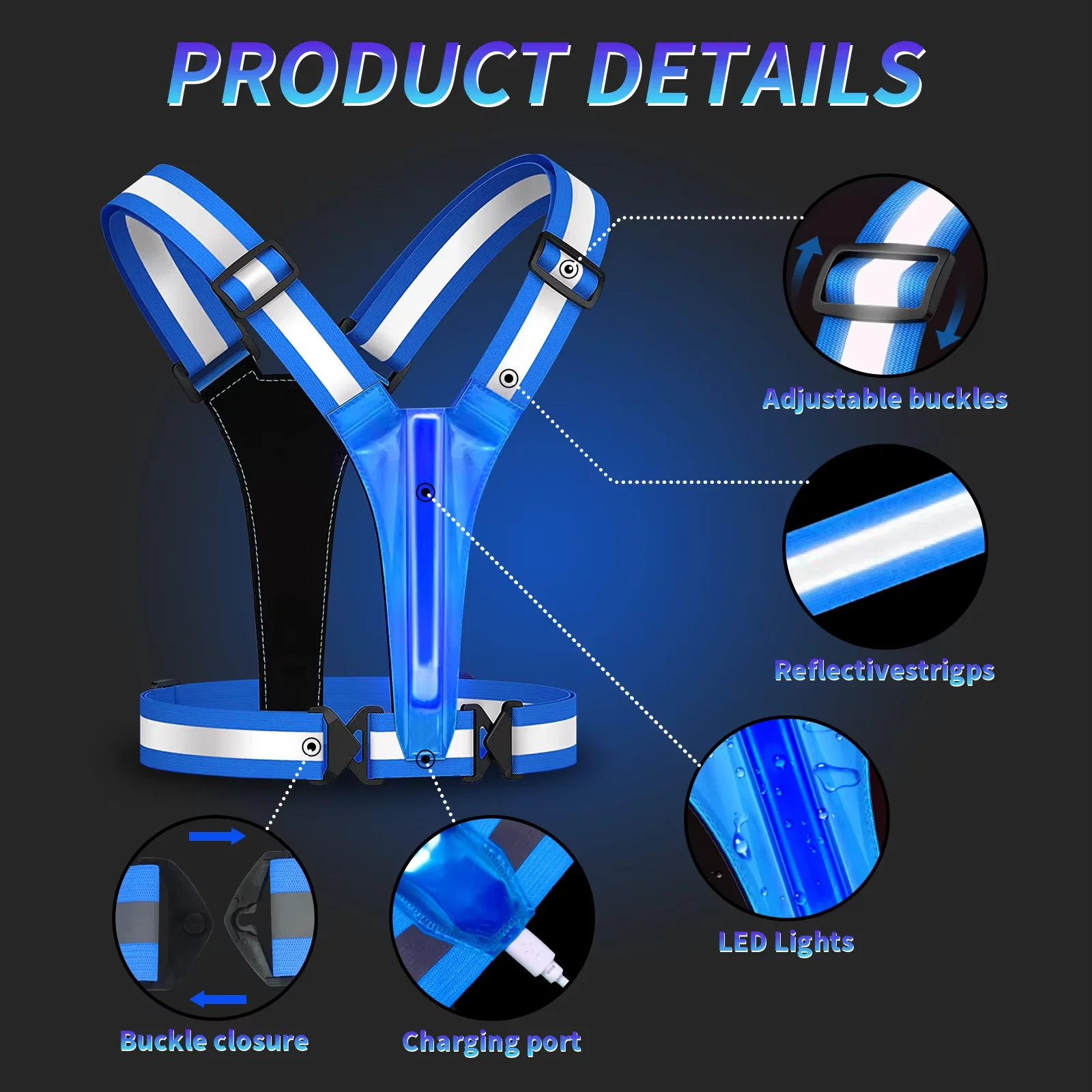 LED 반사 러닝 기어, 높은 가시성 러닝 조끼, USB 충전식, 야외 야간 러닝 워킹용 3 가지 조명 모드