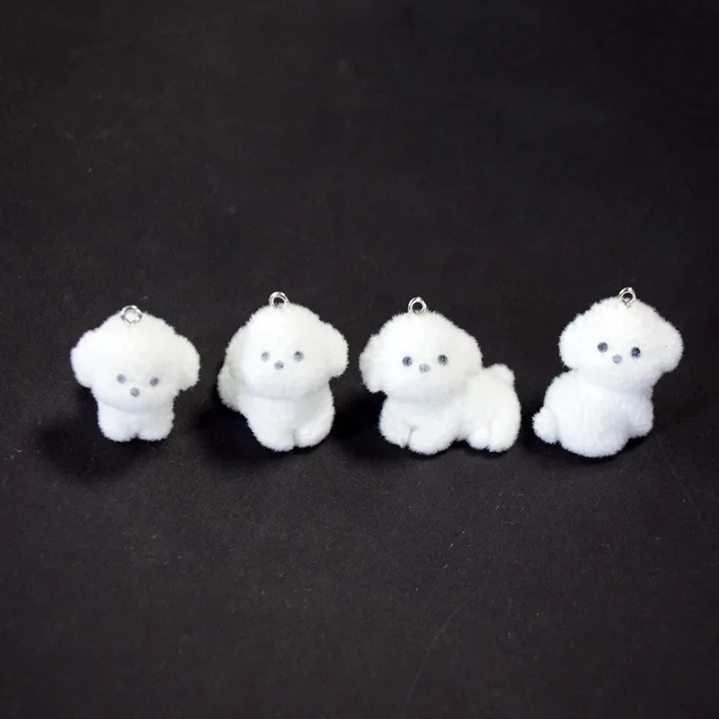 New 2/4pcs Kawaii Fluffy White Puppy Dog Charms Resin Flocking 3D Animal Pendant For Necklace Keychains Diy Jewelry Accessories