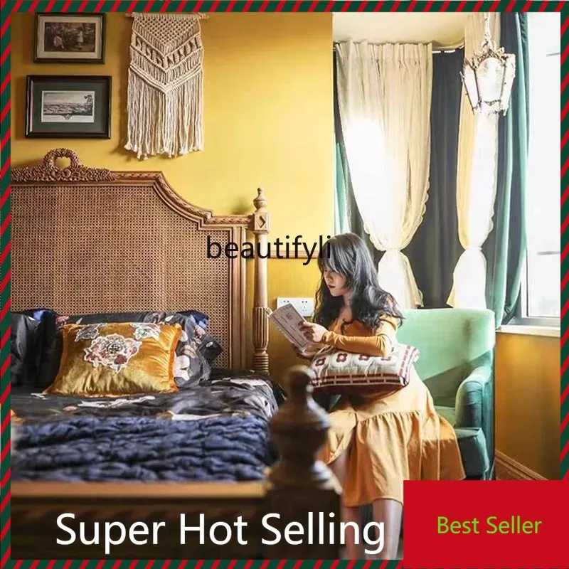 

QQ132 French retro rattan bed hotel solid wood 1.8 meters double modern master bedroom wedding bed