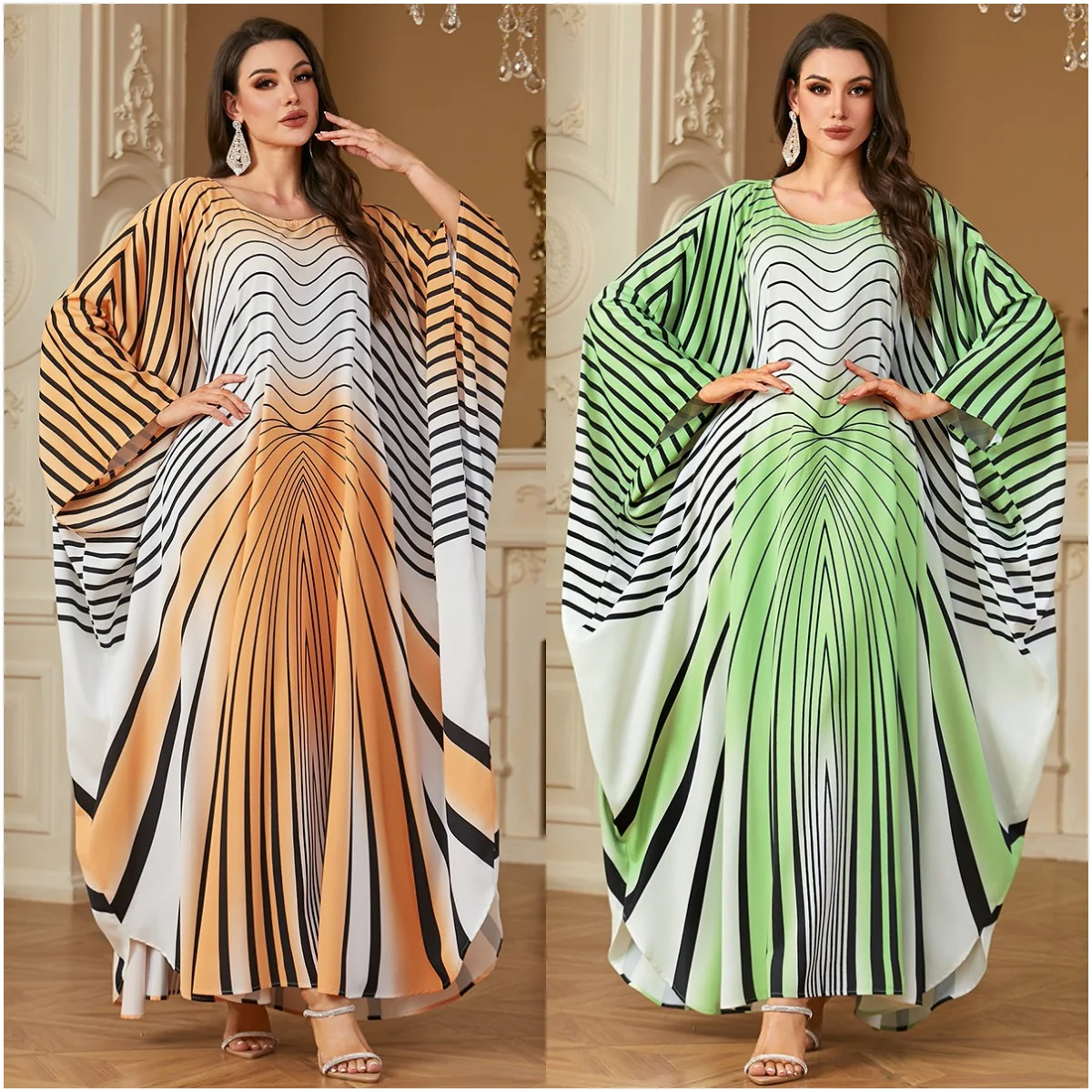 

Элегантные европейские и американские модные платья макси с рукавами «летучая мышь» и принтом 2022, свободные полосатые платья для арабских женщин в Дубае.