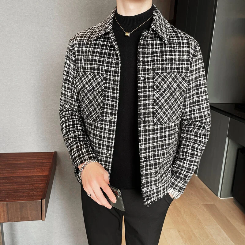 

New Single-Breasted Trench Coat Veste Homme Fashion Retro Tartan Jacket Aautumn And Winter Men's Slim Short Woolen S-3XL