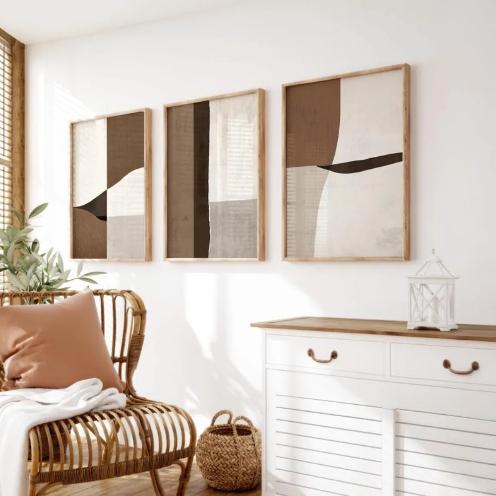Frameless Minimalist Wall Art Set in Brown and BeigeAbstract Works of Art,Mid-century Modern Digital Printmaking Home Decoration