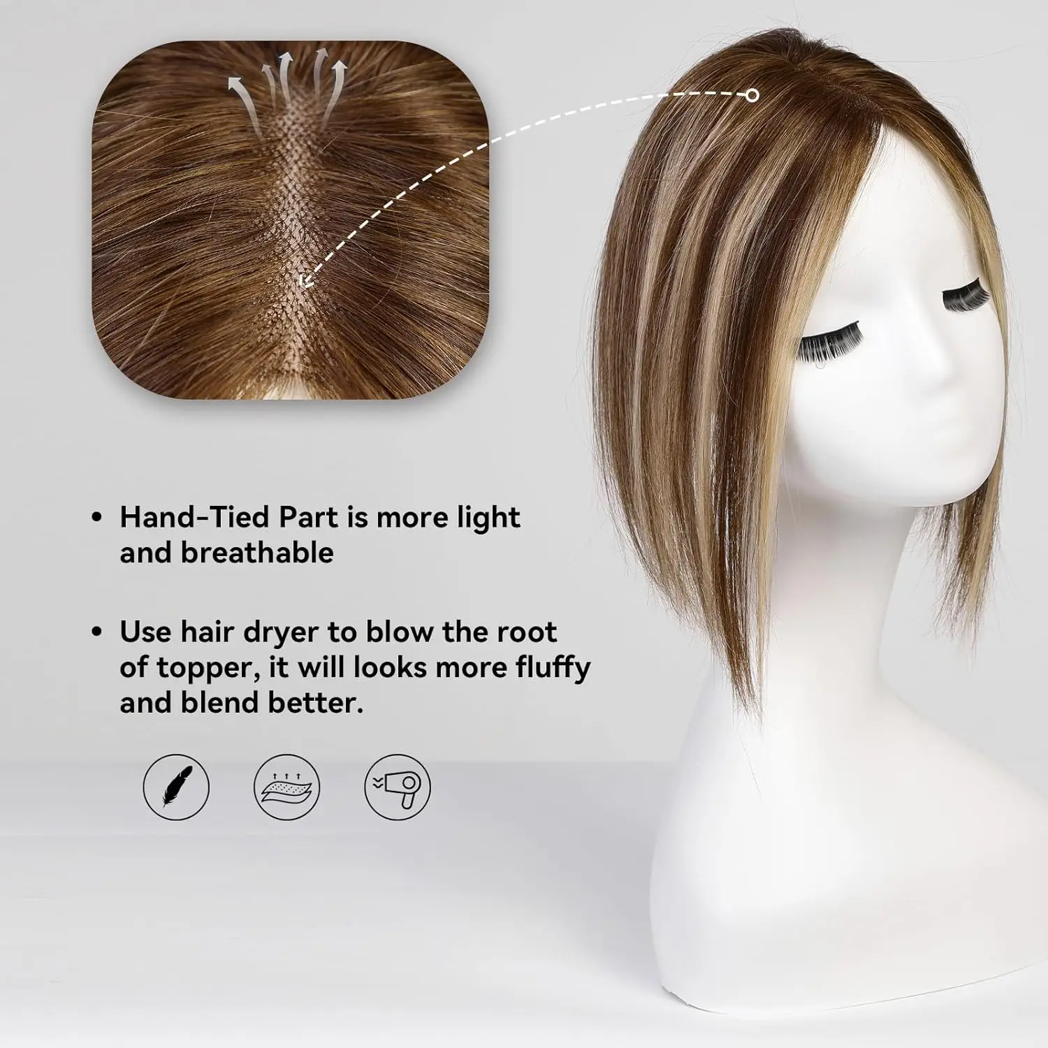 12in Remy Human Hair Toppers for Women Brown Blonde Highlights Topper 100% 3.5*4in Hand-Tied Hair Toppers with Swiss Lace Base
