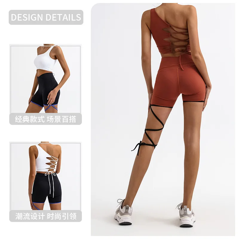 Sexy Summer One Shoulder Tank Top Hollow Out Sports Bra Shorts with Bandage Women Yoga Active Wear Gym Sets Workout Outfit 2024