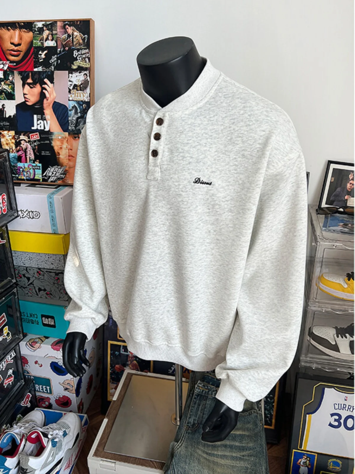 

ay Floral Embroidery Henry Collar Long Sve Hoodie Youth Casual Loose Fit Trendy round Ne Sweatirt for Men