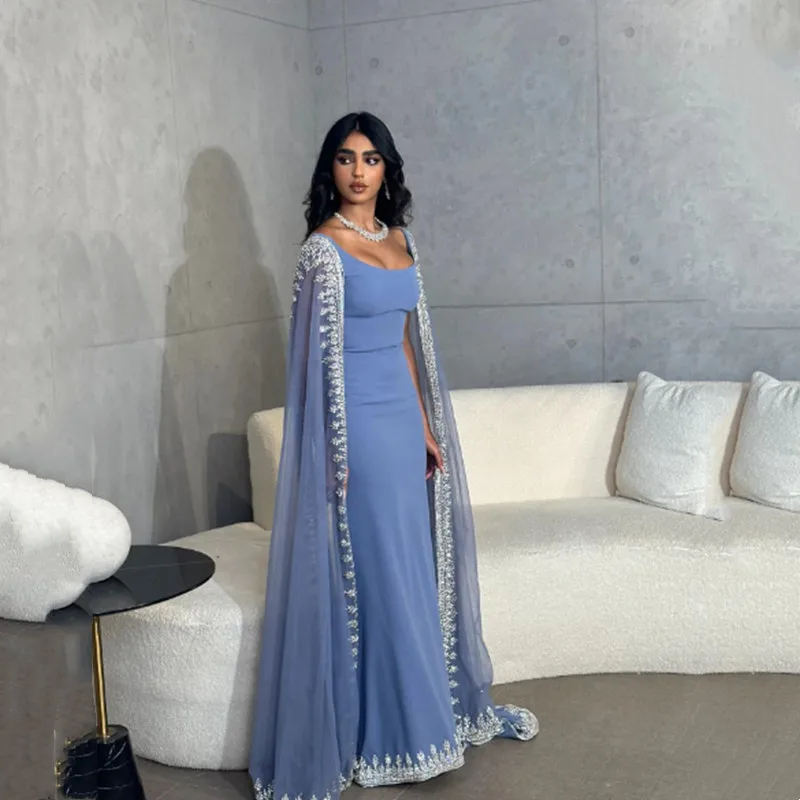 Aleeshuo elegante saudi arabische Satin Tüll Abendkleid träger lose Flügel ärmel rücken freie Ballkleider Applikationen Perlen Kleid Party