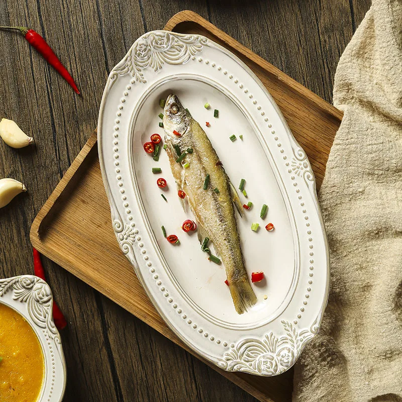 Ceramic Relief Sculpture Tableware, Home Kitchen Restaurant Supplies, Soup Bowl Salad Fruit Western Food Steak Dinner Plate, 1Pc