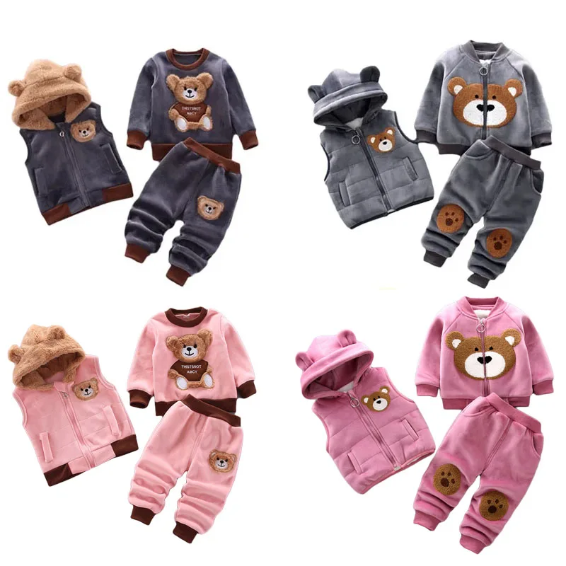 Baby Boy Clothes 2023 Autumn Cotton Thick Warm Casual Hooded Sweater Winter Cartoon Cute Bear Three-Piece Baby Girl Suit 0-5Y