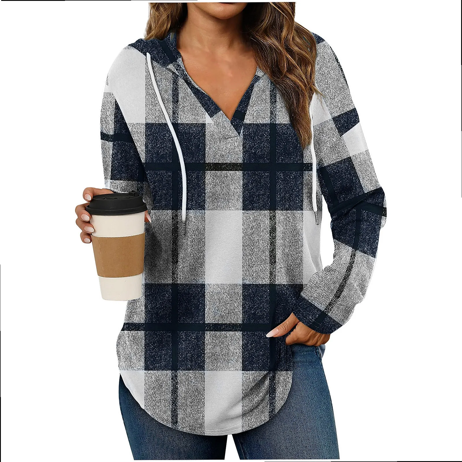 Mens Womens Hooded Pullover V Neck Adjustable Drawstring Casual Plaid Hoodies Tops