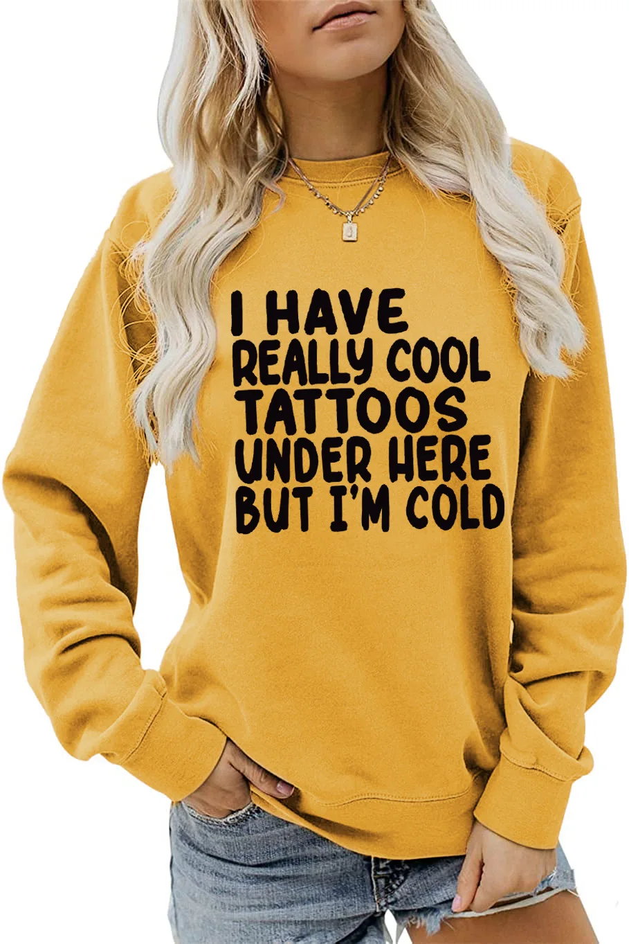 Autumn crew-neck long-sleeved T-shirt hoodie I HAVE REALLY COOL TATTOOS print loose casual top women's all-in-one fashion jumper