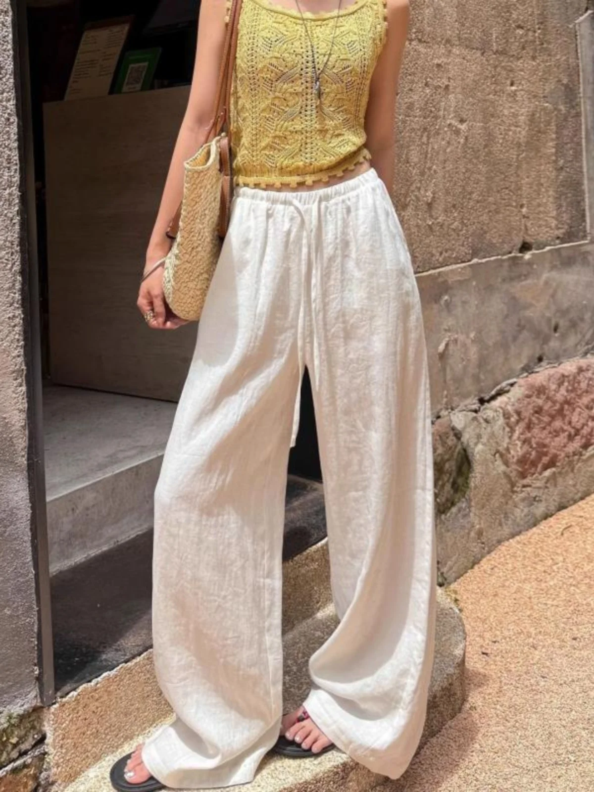 

Белые льняные брюки с широкими штанинами для женщин: новые летние повседневные свободные брюки с высокой талией, стройнящие, прямые, из ледяного шелка, под хлопок, длинные