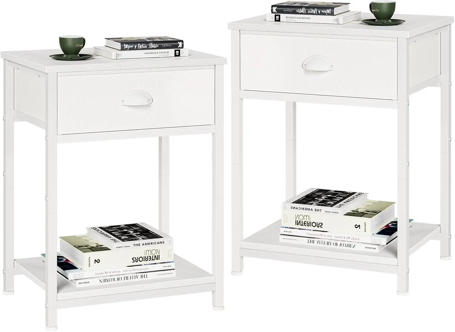 

Set of 2 White Nightstands with Fabric Drawer, Dual-Tier Storage, Compact Side Table for Bedroom, Living Room, Dorm