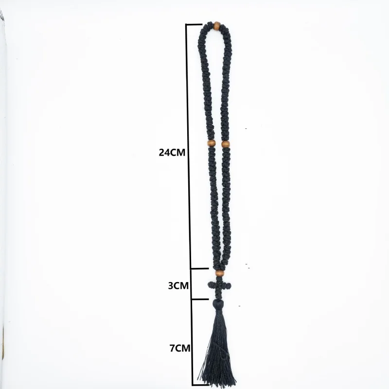 100 Knots Eastern Orthodox Prayer Rope with Cross Tassel Handmade Braided Wooden Beads Choker Necklace Religious Orthodox Christ
