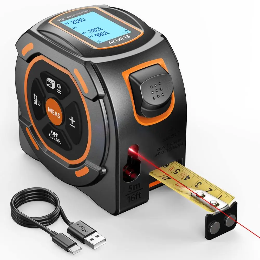 197Ft Laser Tape Measure Digital Display 16Ft Manual Measure Pythagorean Area Volume Mode USB Charging Shock Resistant ABS Cover