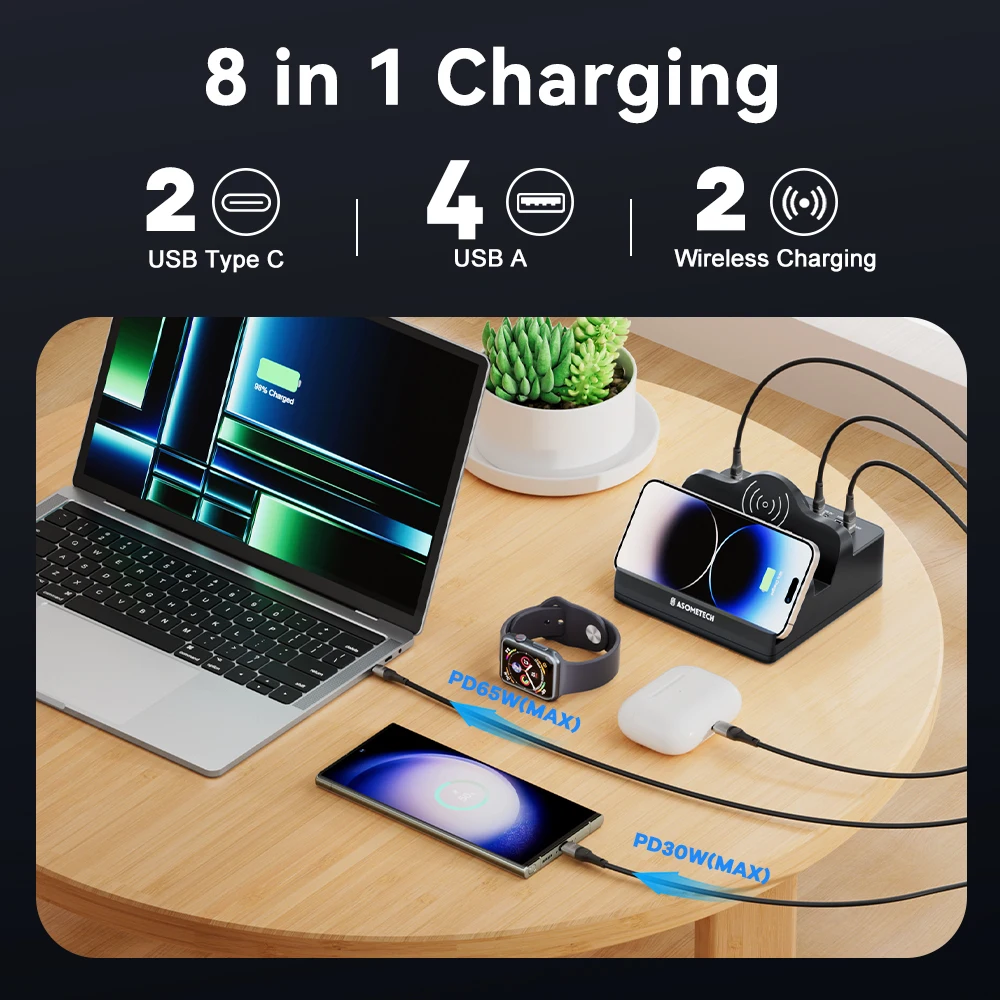 110W 6 Port USB Charger Station Dual Fast Wireless Charging Type C QC3.0 PD3.0 65W Quick Charge For iPhone Xiaomi Samsung Laptop