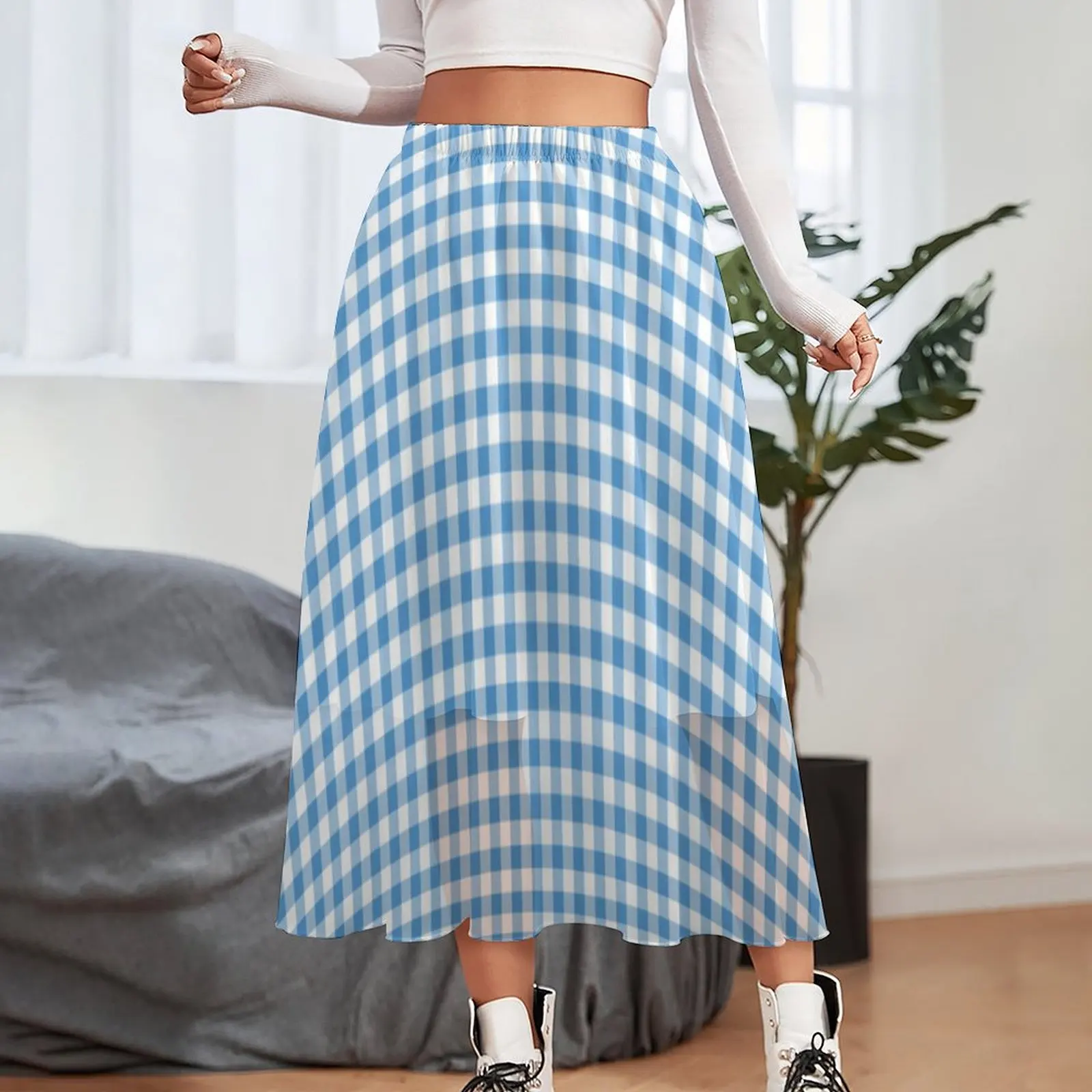 Plaid Print Skirt Blue and White Gingham Streetwear Casual Skirts Beach A-line Skirt Female Design Oversize Bottoms