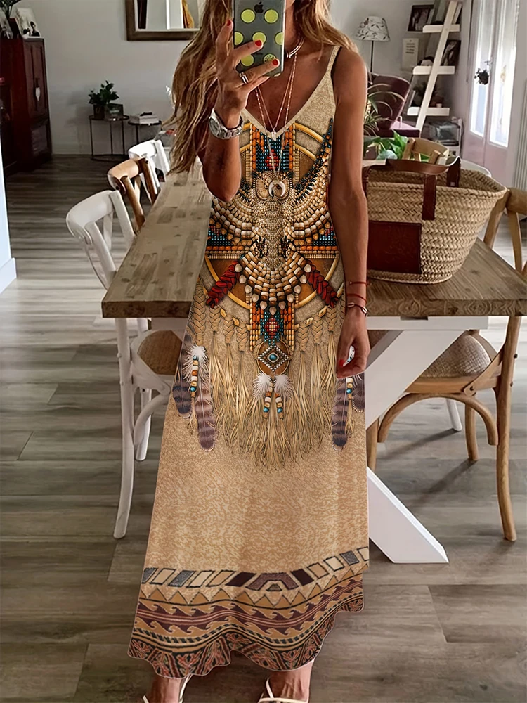

Vintage Ethnic Style Women's Long Dress Summer Daily Casual Women's Sleeveless Dress Indian Owl Totem Print Fashion V-neck Dress