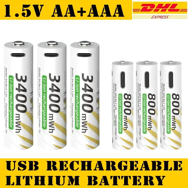 

AAA and AA Rechargeable Batteries USB Lithium-ion 3400mWh 1.5V AA Rechargeable Batteries+800mWh 1.5V AAA Battery+ Type-C Cable