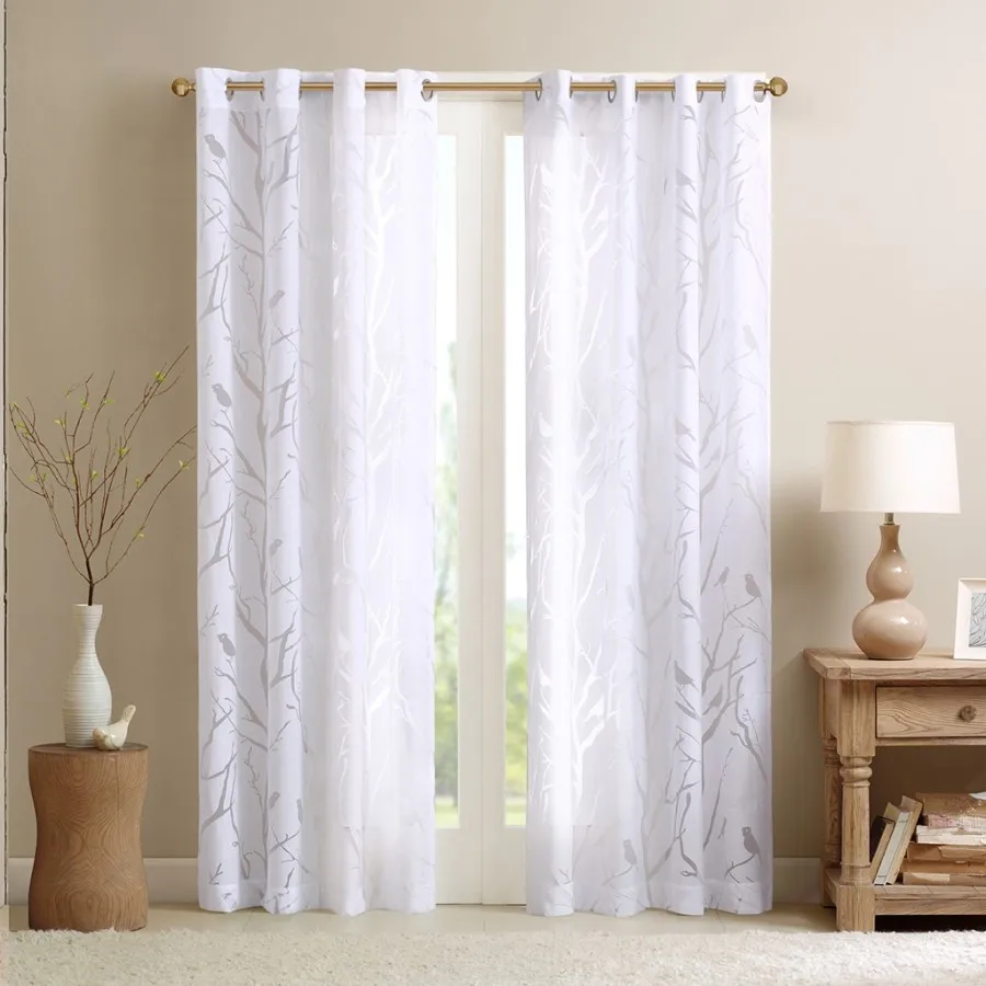 

Grommet Top Sheer Bird on Branches Burnout Window Curtain Only 1 Pc Panel