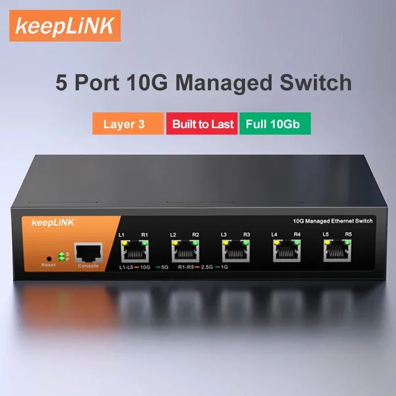 

KeepLiNK 5 Port 10G/Multi-Gig L3 Managed Ethernet Switch Desktop/Wall-Mount Sturdy Metal Housing Speed Auto-Negotiation