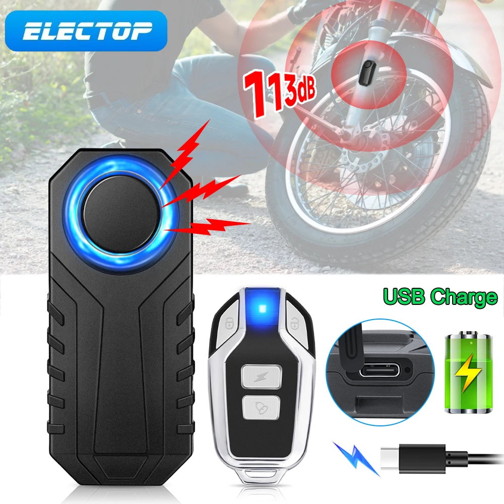 electop alarme vibracao bicicleta sem fio carga usb impermeavel motocicleta bicicleta eletrica antilost controle remoto 113db 01