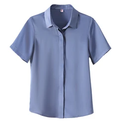 New Lapel Fashion Versatile Satin Professional Pure Color Short Sleeved Shirt For Women'S Summer Thin Chiffon Temperament Top