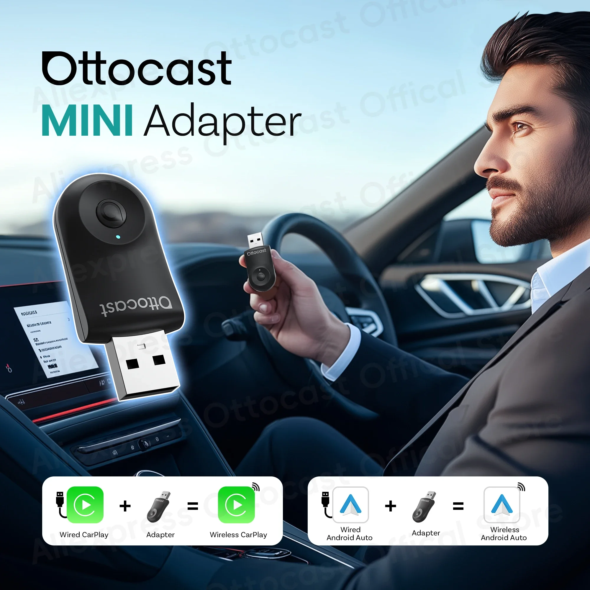 OTTOCAST Mini Pot 2-in-1 Wireless-Adapter Für CarPlay & Android Auto – Plug & Play, 5 Sek. Auto-Connect – Für Fahrzeuge Ab 2016 Mit Kabelgebundener Funktion