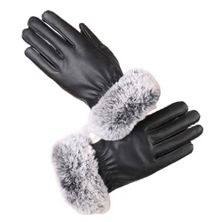 Guantes cálidos de piel de conejo para mujer, mitones cálidos de cuero PU negro, otoño e invierno, 1 par