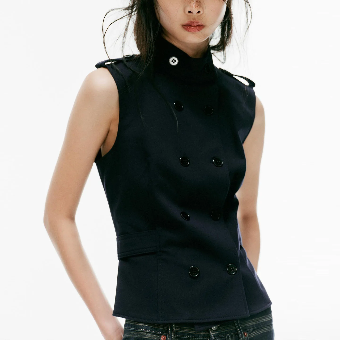 Elegant Women's Sleeveless Stand Collar Gown with Buckle Decoration Autumn Fashion Top by ZADATA Double Row Button Fastening