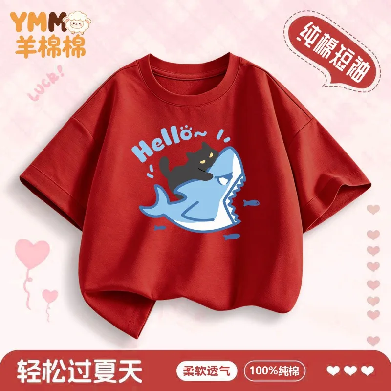 

Hello Shark Pure Cotton 2026 New Children's Summer Half Sleeve Thin Summer Top Cartoon Kitten Parent Child Wear