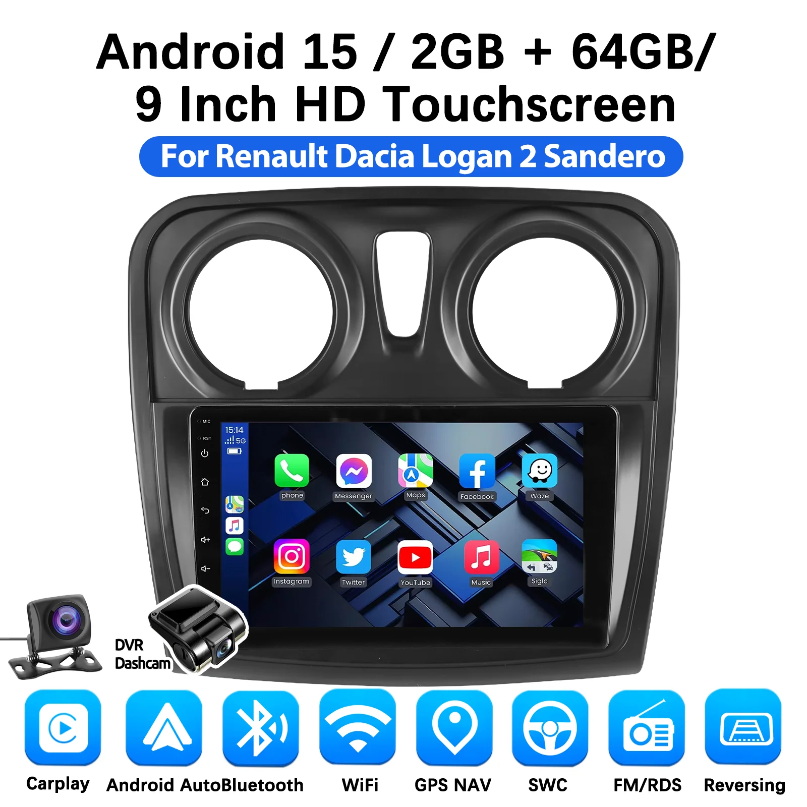 DAB+ Android 15 autoradio voor Renault Logan 2 2012 - 2019 Sandero 2 2014 - 2019 Multimedia Navigatie Carplay Head Unit 2 Din