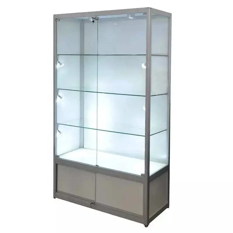 custom.New Design Commerical Fashion Golden Aluminum Frame Black Panel Glass Tower Display with LED Light
